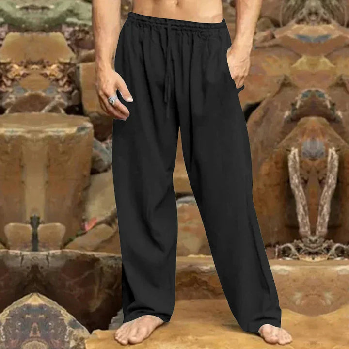 "Pantalon de loisirs en lin pour hommes, coupe moderne, tissu respirant et confortable, idéal pour un look chic décontracté."