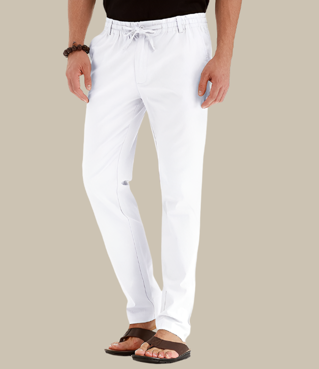 Pantalon décontracté homme avec taille élastique, coupe estivale classique, couleur kaki, idéal pour le confort en été.