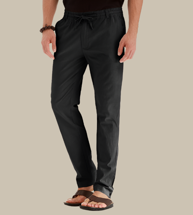 Pantalon décontracté homme avec taille élastique, coupe estivale classique, couleur kaki, idéal pour le confort en été.