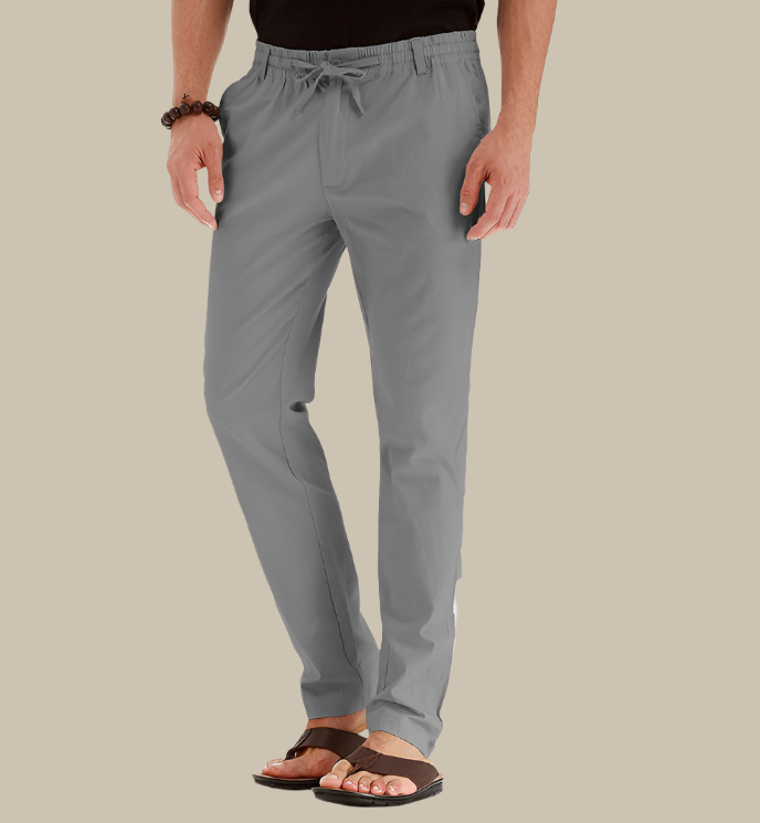 Pantalon décontracté homme avec taille élastique, coupe estivale classique, couleur kaki, idéal pour le confort en été.