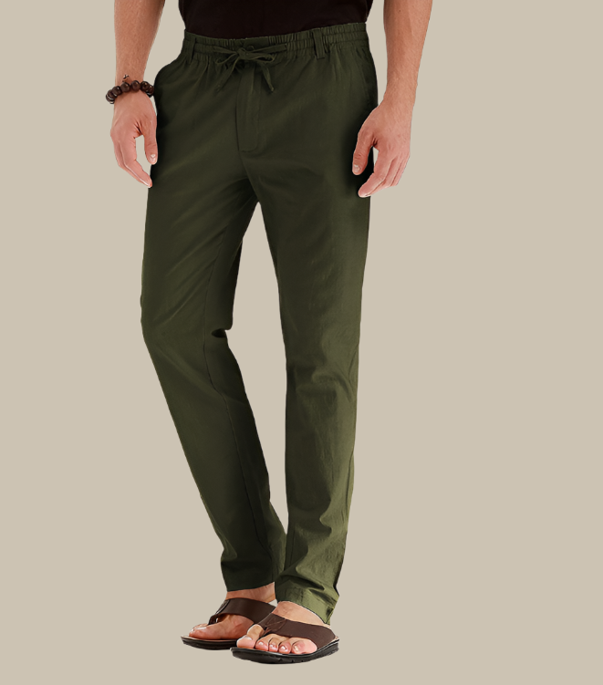 Pantalon décontracté homme avec taille élastique, coupe estivale classique, couleur kaki, idéal pour le confort en été.