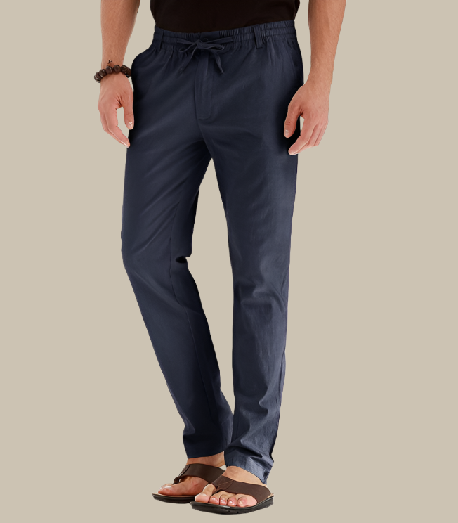Pantalon décontracté homme avec taille élastique, coupe estivale classique, couleur kaki, idéal pour le confort en été.