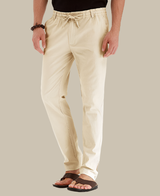 Pantalon décontracté homme avec taille élastique, coupe estivale classique, couleur kaki, idéal pour le confort en été.