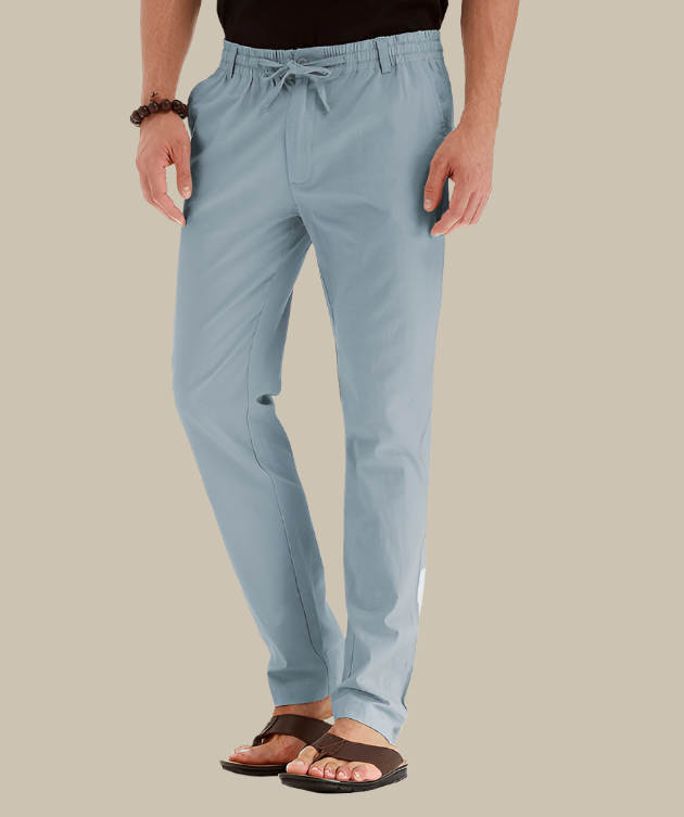 Pantalon décontracté homme avec taille élastique, coupe estivale classique, couleur kaki, idéal pour le confort en été.