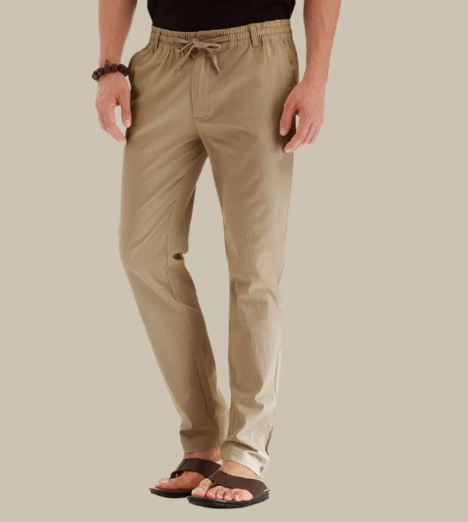 Pantalon décontracté homme avec taille élastique, coupe estivale classique, couleur kaki, idéal pour le confort en été.