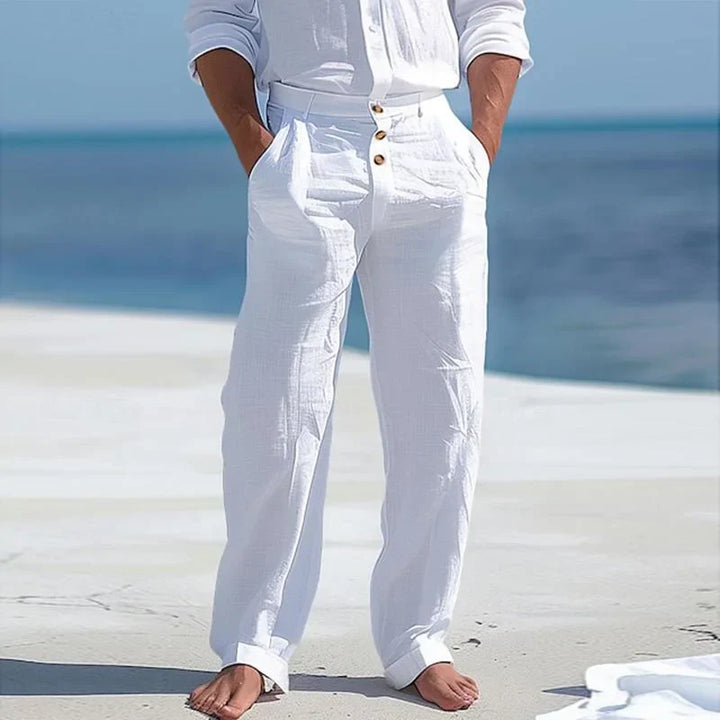 Pantalon d'été en lin abricot léger et respirant pour homme, coupe relax, idéal pour journées chaudes.