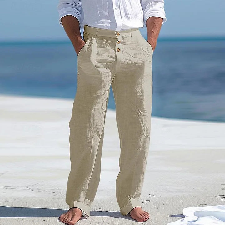 Pantalon d'été en lin abricot léger et respirant pour homme, coupe relax, idéal pour journées chaudes.