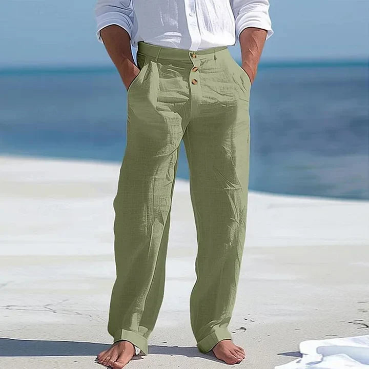 Pantalon d'été en lin abricot léger et respirant pour homme, coupe relax, idéal pour journées chaudes.