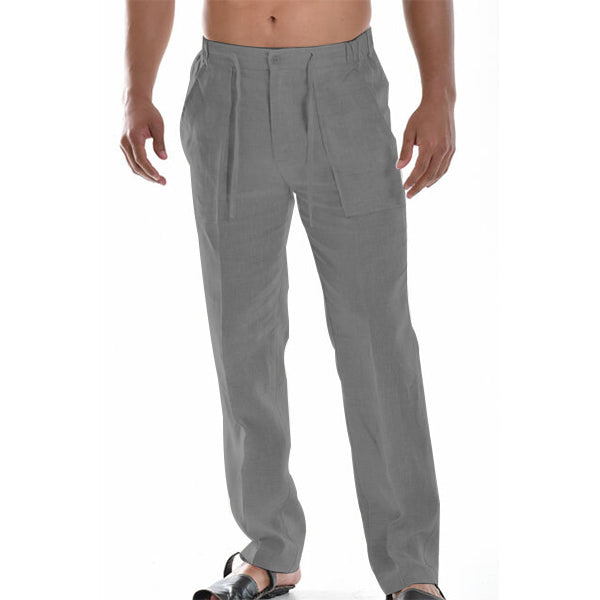 Pantalon d'été en lin pour homme, ample, jambes droites, ceinture élastiquée, idéal pour temps chaud.