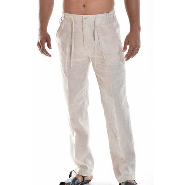 Pantalon d'été en lin pour homme, ample, jambes droites, ceinture élastiquée, idéal pour temps chaud.