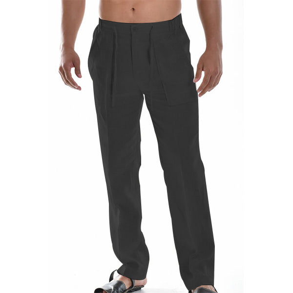 Pantalon d'été en lin pour homme, ample, jambes droites, ceinture élastiquée, idéal pour temps chaud.