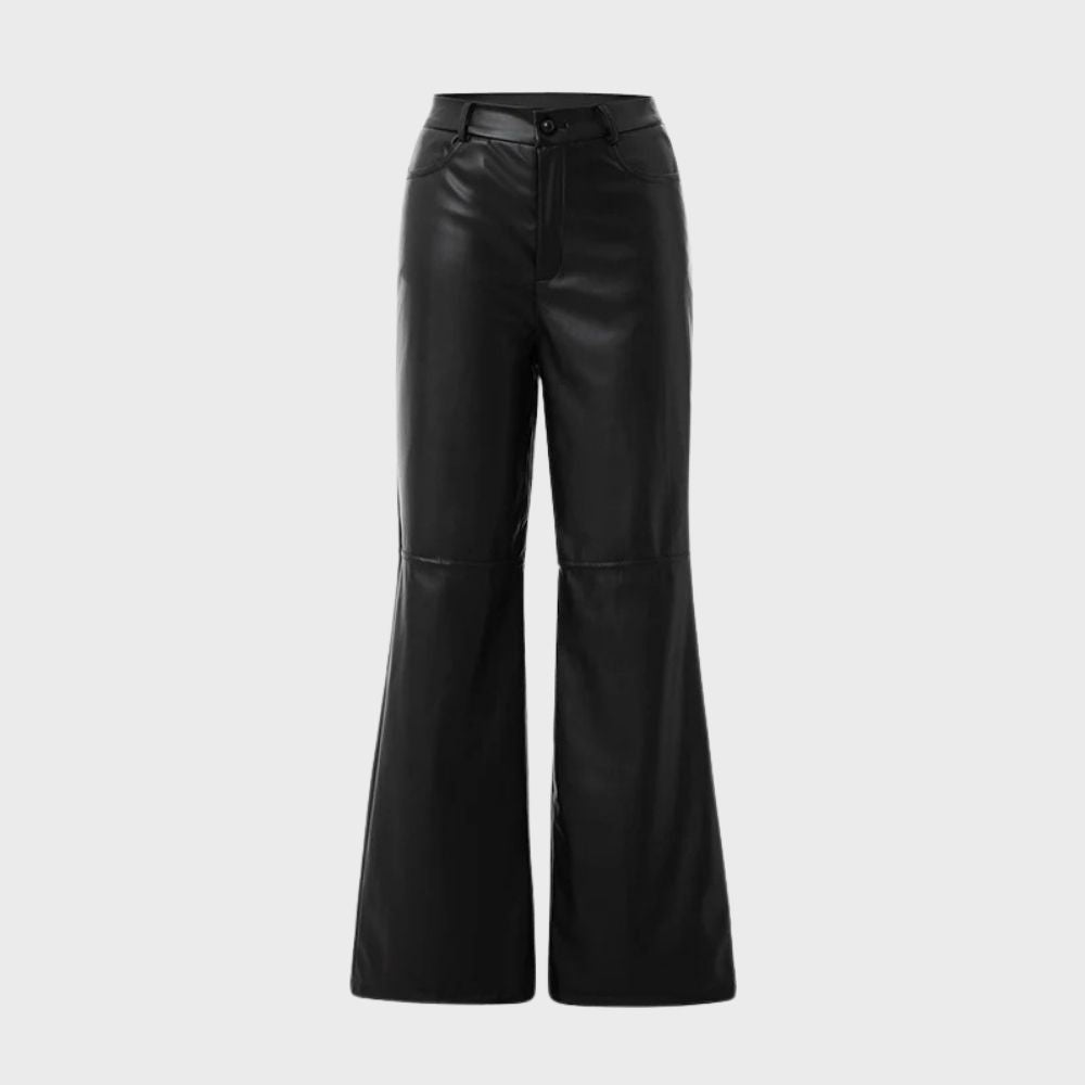 "Pantalon en cuir noir femme élégant, coupe ajustée, soulignant courbes, confort et style sophistiqué pour toute occasion."