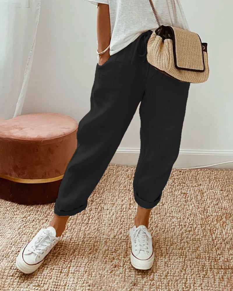 "Pantalon en lin décontracté femme, coupe ample, taille haute élastique, léger et anti-transpiration pour l'été."