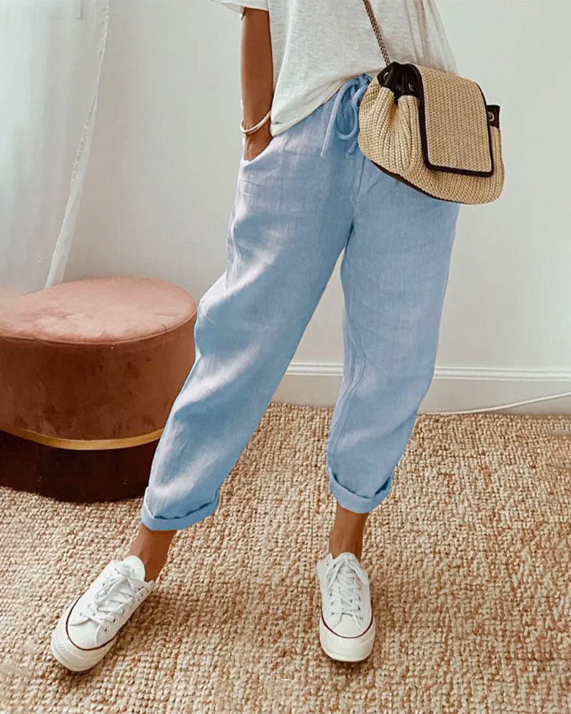 "Pantalon en lin décontracté femme, coupe ample, taille haute élastique, léger et anti-transpiration pour l'été."