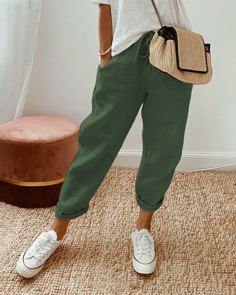 "Pantalon en lin décontracté femme, coupe ample, taille haute élastique, léger et anti-transpiration pour l'été."