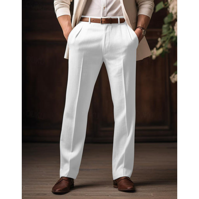 Pantalon en lin léger pour hommes, décontracté chic, couleur neutre, idéal pour l'été et les occasions élégantes.