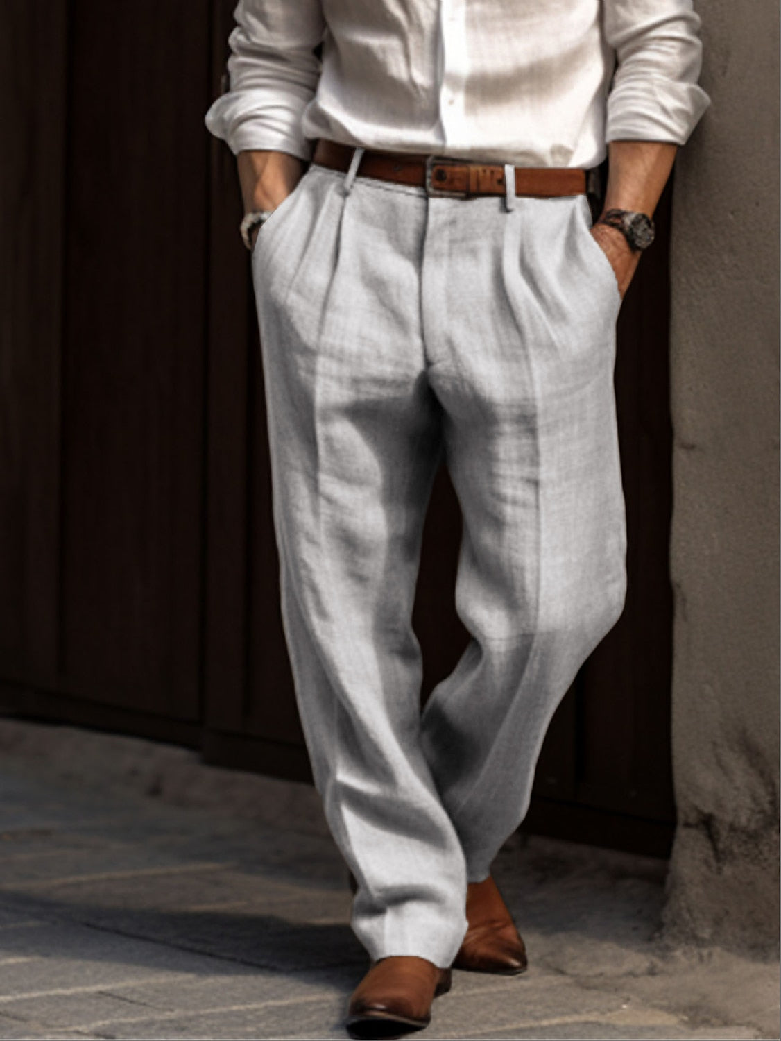 "Pantalon en lin pour homme, confortable, coupe ample, léger, style décontracté chic, idéal toutes occasions."