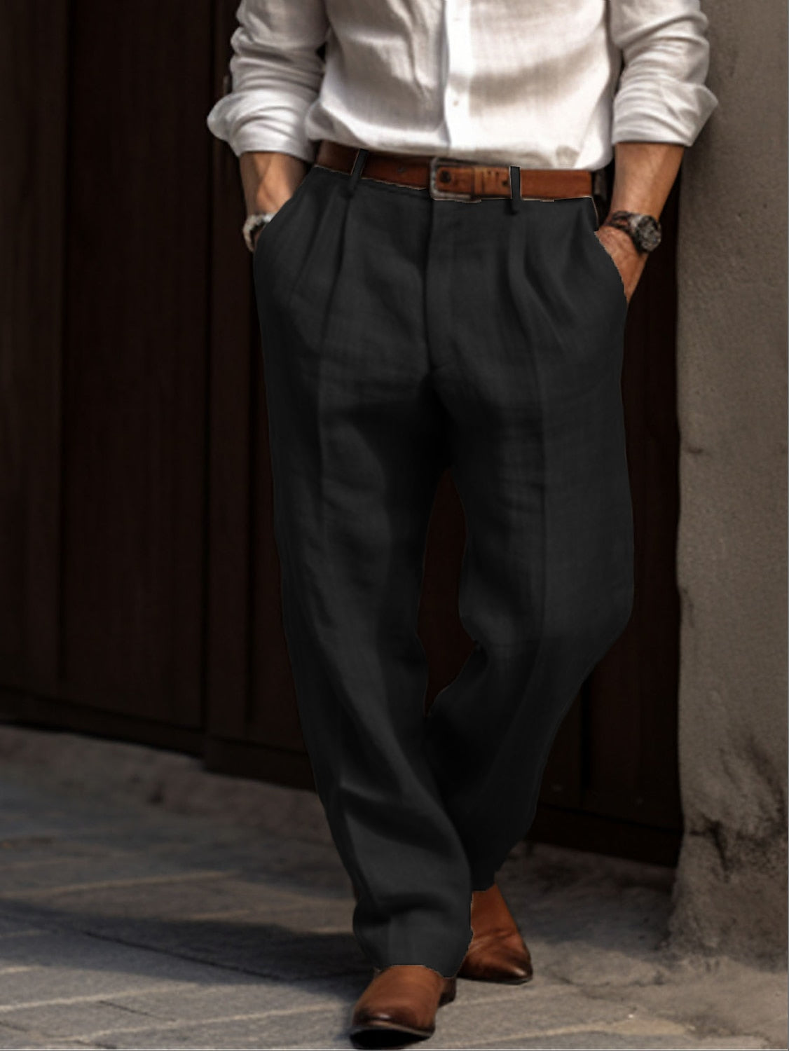 "Pantalon en lin pour homme, confortable, coupe ample, léger, style décontracté chic, idéal toutes occasions."