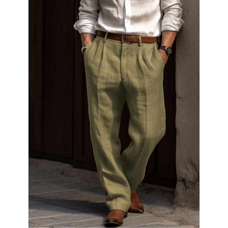 "Pantalon en lin pour homme, confortable, coupe ample, léger, style décontracté chic, idéal toutes occasions."
