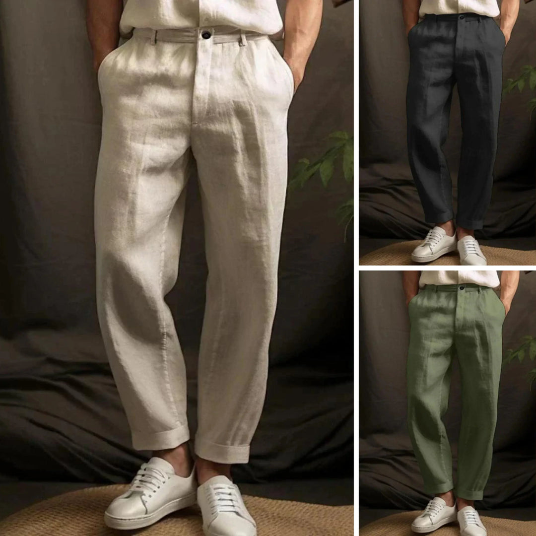 "Pantalon en lin pour homme, décontracté, respirant, taille élastique, idéal pour l'été et les sorties détente."