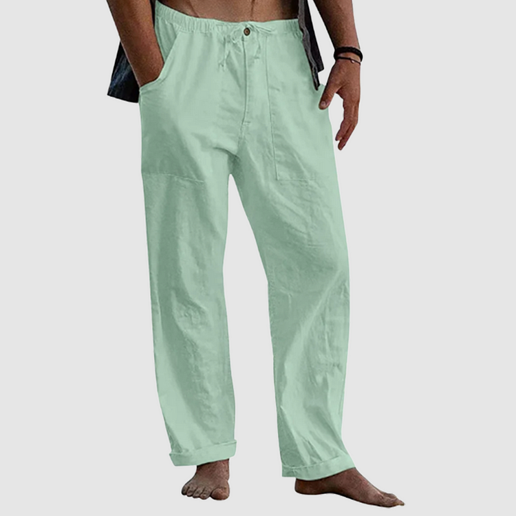 "Pantalon en lin pour hommes avec cordon ajustable, style décontracté, couleur claire, tissu respirant."