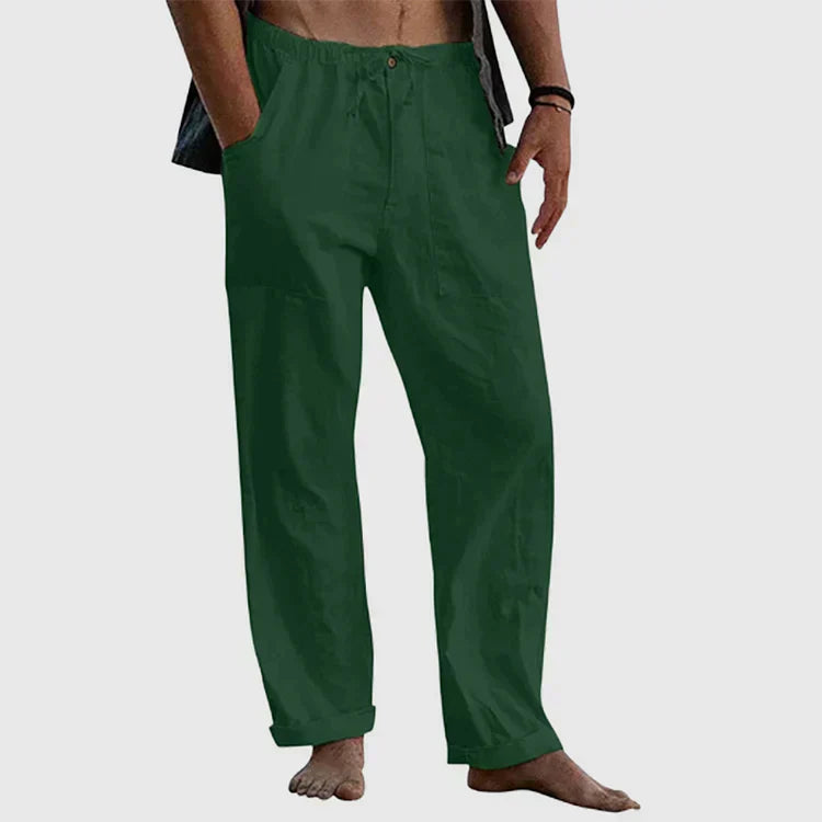 "Pantalon en lin pour hommes avec cordon ajustable, style décontracté, couleur claire, tissu respirant."