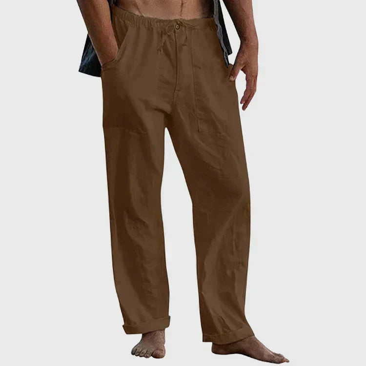 "Pantalon en lin pour hommes avec cordon ajustable, style décontracté, couleur claire, tissu respirant."
