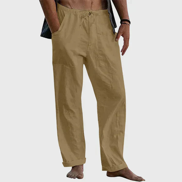 "Pantalon en lin pour hommes avec cordon ajustable, style décontracté, couleur claire, tissu respirant."