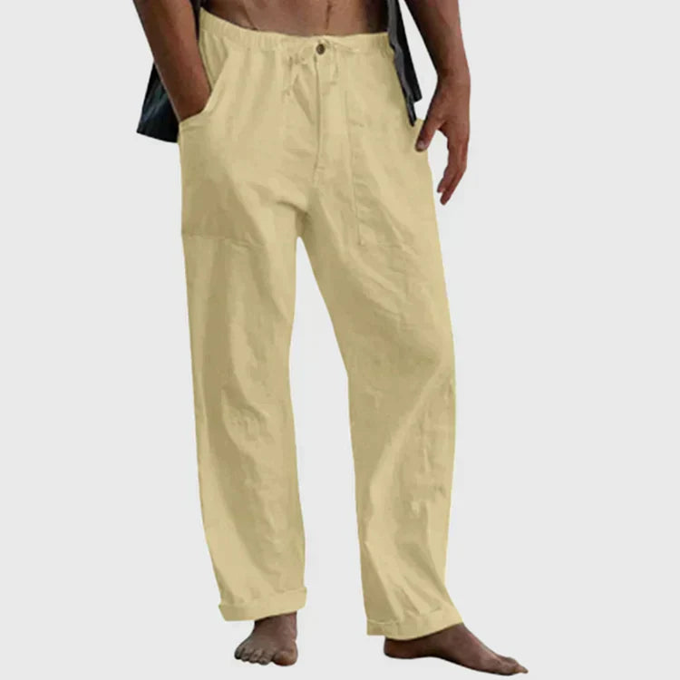 "Pantalon en lin pour hommes avec cordon ajustable, style décontracté, couleur claire, tissu respirant."