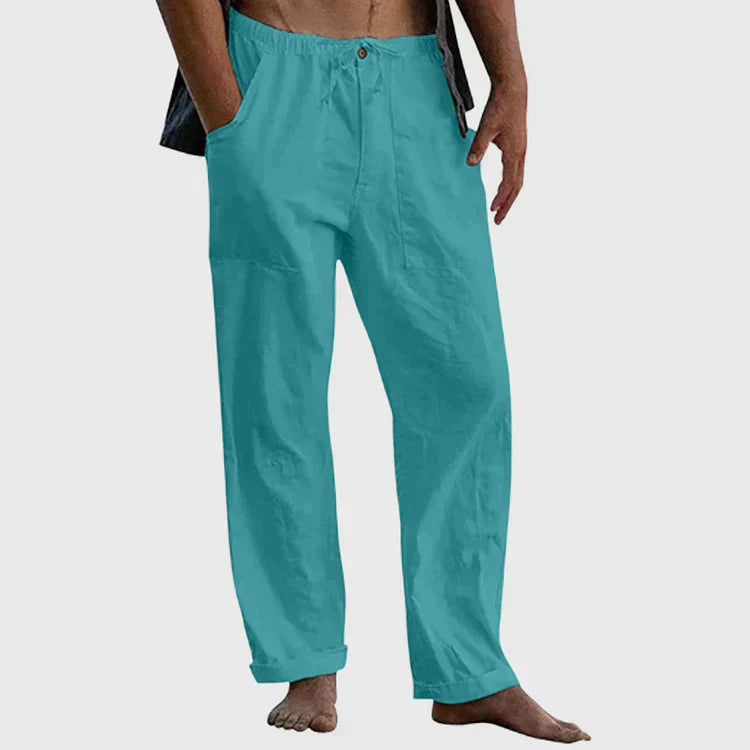 "Pantalon en lin pour hommes avec cordon ajustable, style décontracté, couleur claire, tissu respirant."