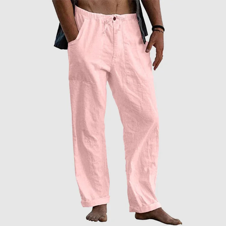 "Pantalon en lin pour hommes avec cordon ajustable, style décontracté, couleur claire, tissu respirant."