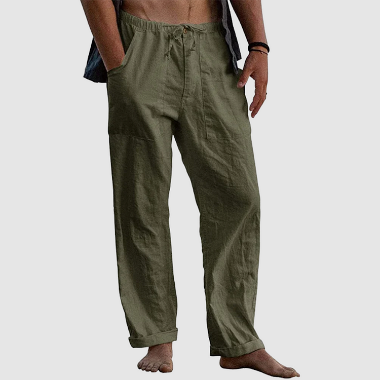 "Pantalon en lin pour hommes avec cordon ajustable, style décontracté, couleur claire, tissu respirant."