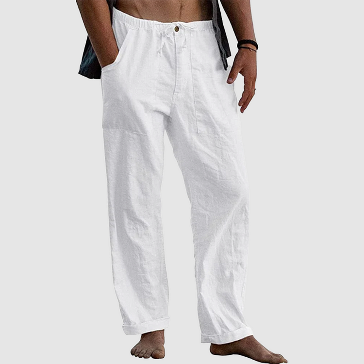 "Pantalon en lin pour hommes avec cordon ajustable, style décontracté, couleur claire, tissu respirant."