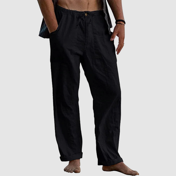 "Pantalon en lin pour hommes avec cordon ajustable, style décontracté, couleur claire, tissu respirant."