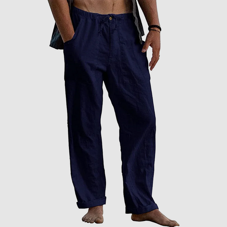 "Pantalon en lin pour hommes avec cordon ajustable, style décontracté, couleur claire, tissu respirant."