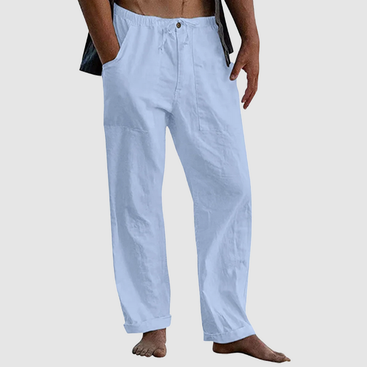 "Pantalon en lin pour hommes avec cordon ajustable, style décontracté, couleur claire, tissu respirant."