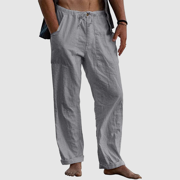 "Pantalon en lin pour hommes avec cordon ajustable, style décontracté, couleur claire, tissu respirant."