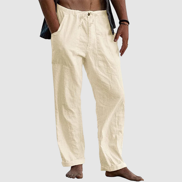 "Pantalon en lin pour hommes avec cordon ajustable, style décontracté, couleur claire, tissu respirant."