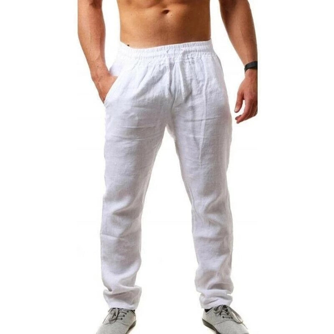 "Pantalon homme lin léger, gris, style décontracté chic, idéal été, plage ou ville, look élégant et aéré."