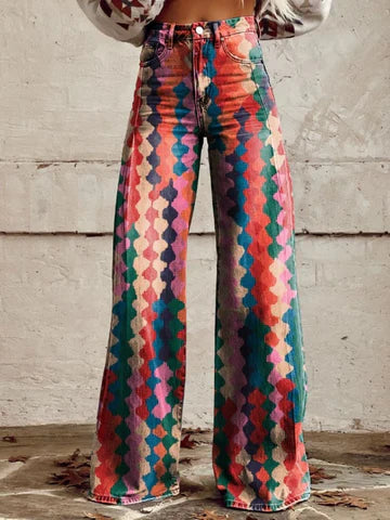 "Pantalon large femme vintage, coupe ample en denim avec motifs chic, élégance et confort pour un style unique et original."