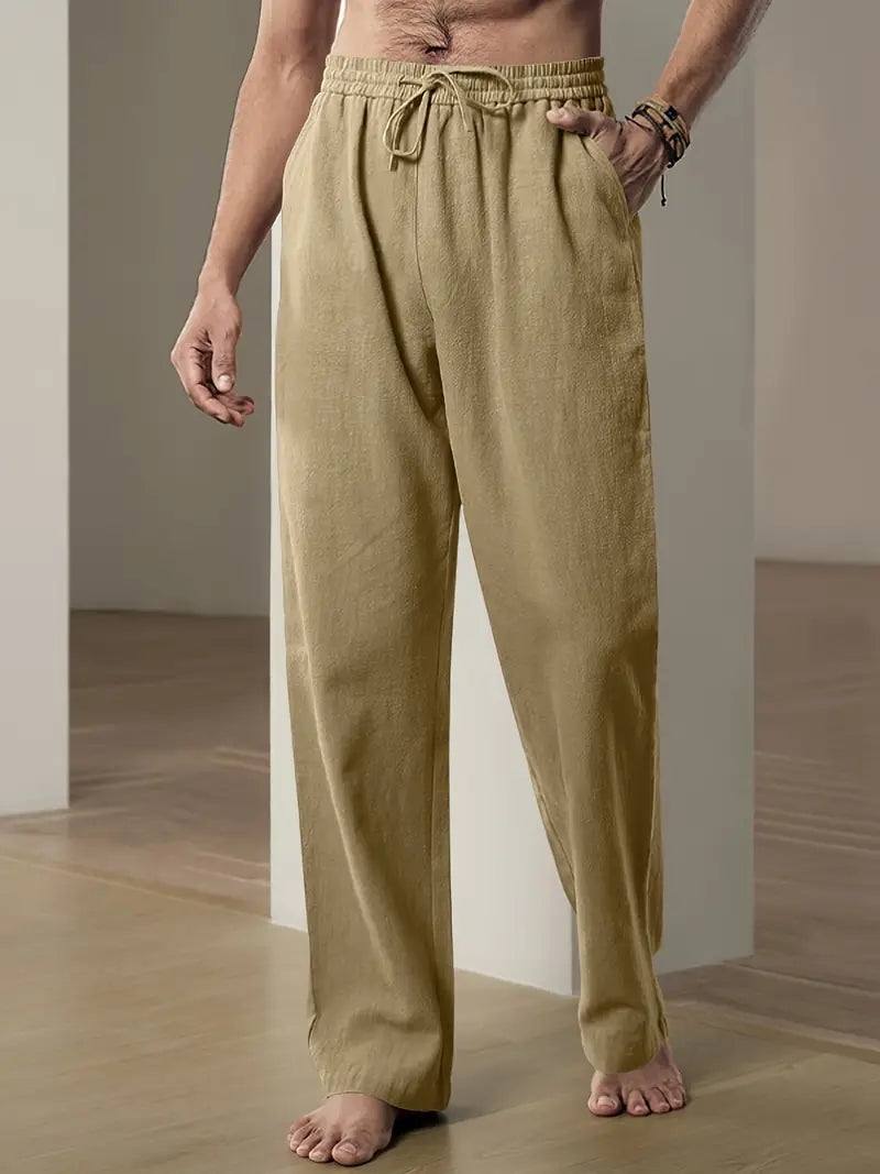 "Pantalon lin khaki homme, coupe moderne, respirant, élégant pour style décontracté ou habillé, polyvalent et confortable."
