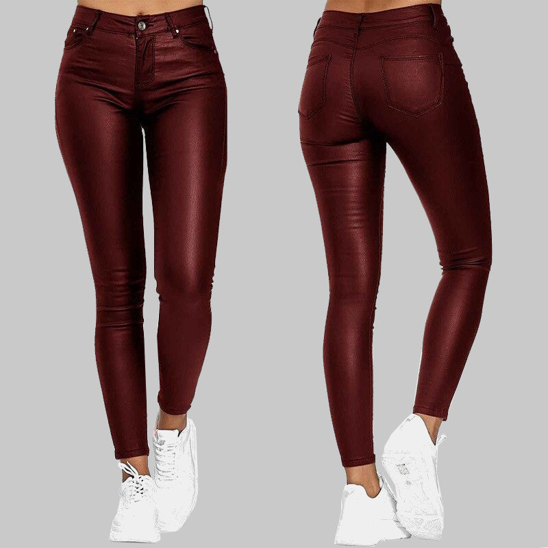 "Pantalon slim en cuir noir taille haute, coupe ajustée pour un look élégant et confort maximal pour femmes."