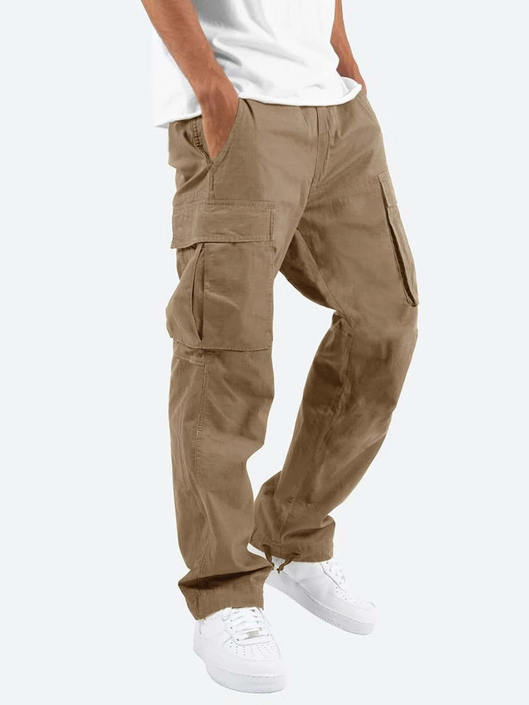 "Pantalons cargo pour hommes, design moderne, confort optimal, lignes contemporaines, couleur kaki, polyvalents et stylés."