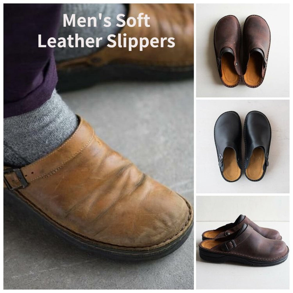 "Pantoufles en cuir pour hommes, confort orthopédique, élégantes et durables, semelles ergonomiques amovibles."