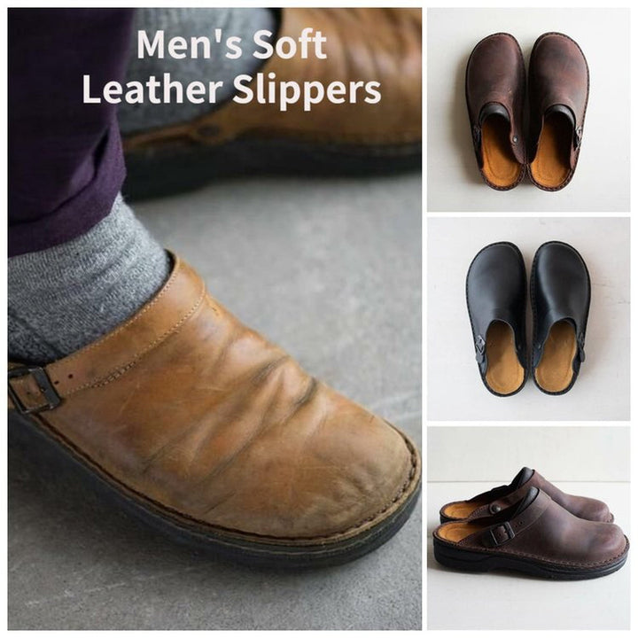 "Pantoufles en cuir pour hommes, confort orthopédique, élégantes et durables, semelles ergonomiques amovibles."