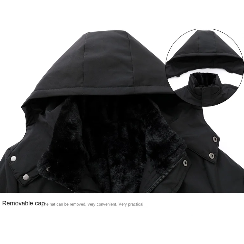 Parka hiver homme vue de face, capuche amovible, design élégant, couleur noire, résistante au froid et intempéries.