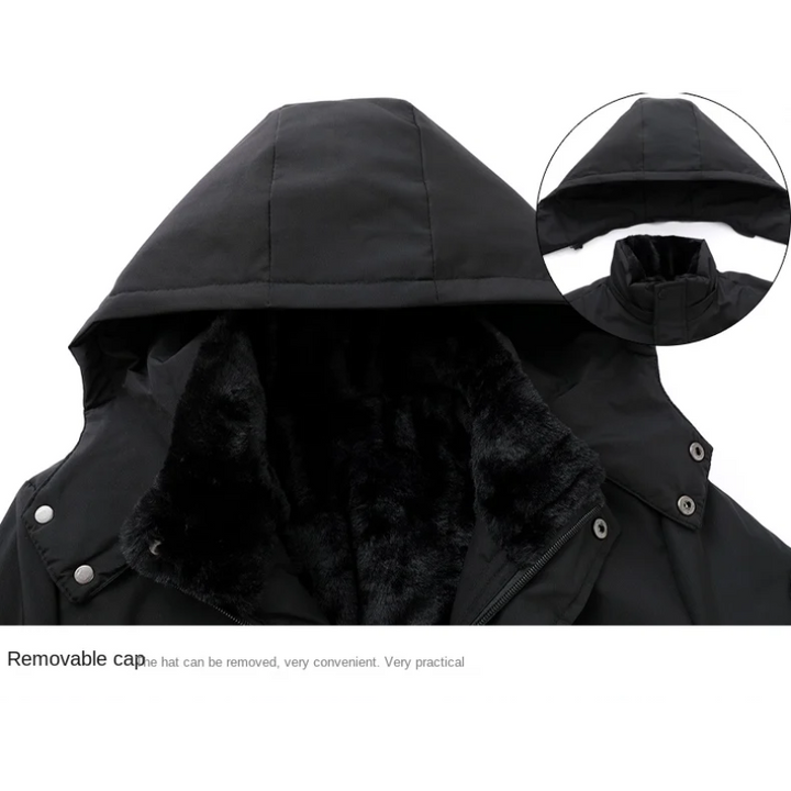 Parka hiver homme vue de face, capuche amovible, design élégant, couleur noire, résistante au froid et intempéries.