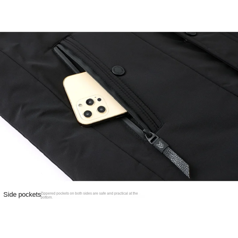 Parka hiver homme vue de face, capuche amovible, design élégant, couleur noire, résistante au froid et intempéries.