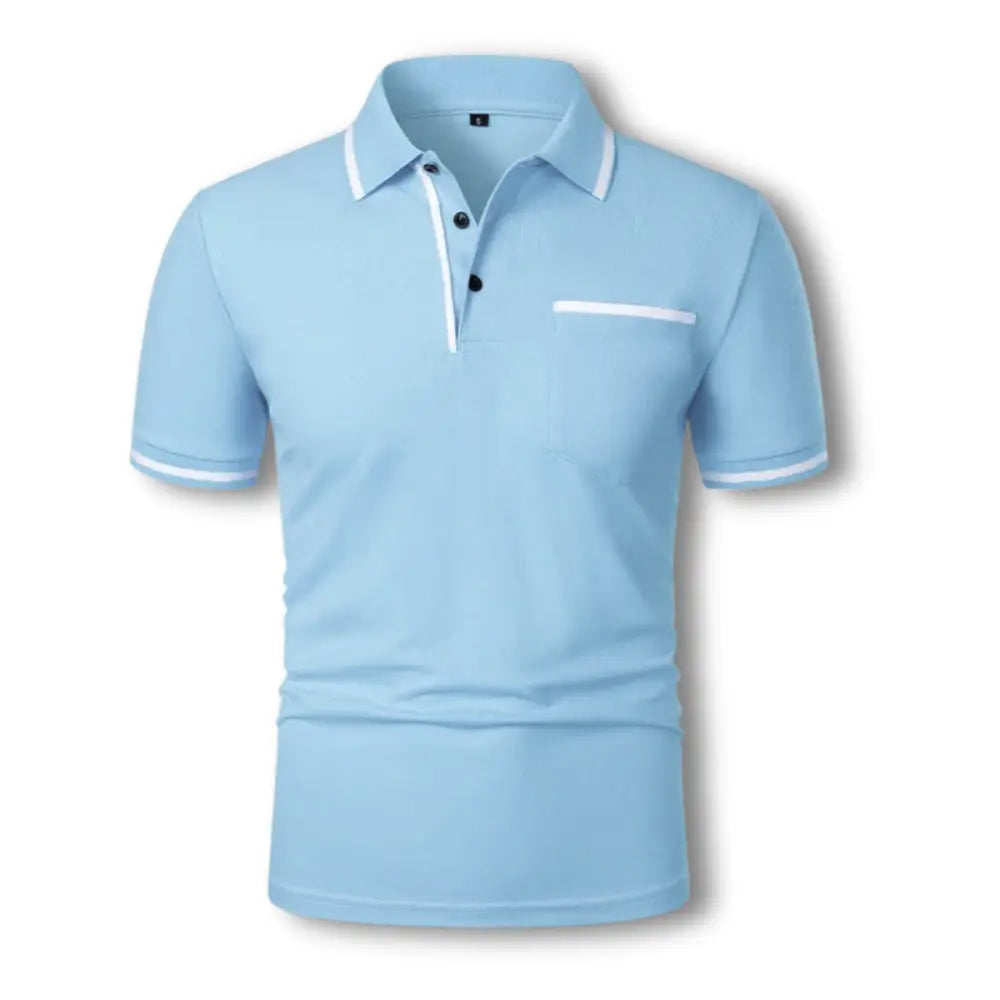"Polo ajusté homme avec détails contrastés noirs, manches courtes et col à boutons, élégant et stylé pour un look soigné."