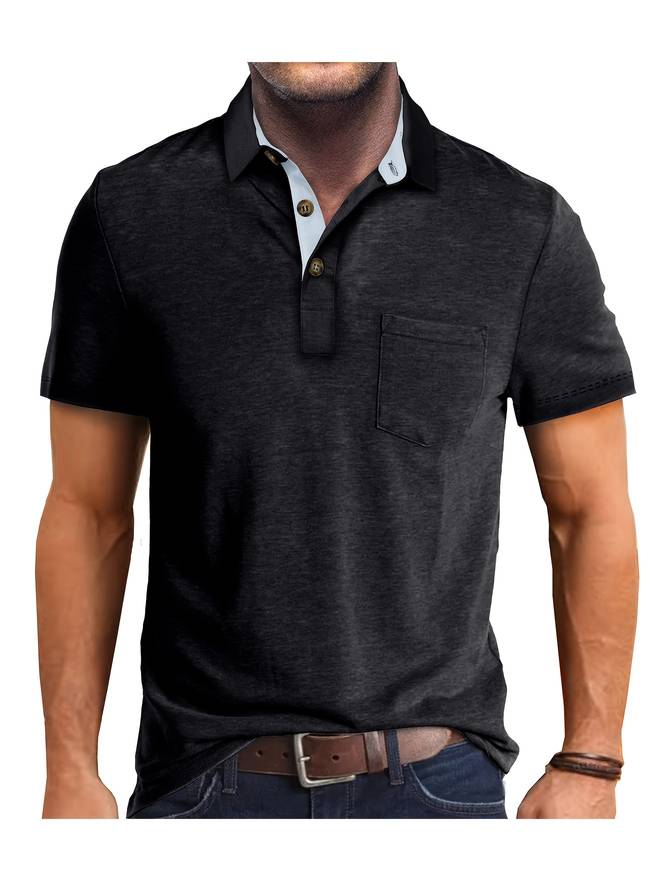 "Polo casual homme beige avec poche poitrine, élégant et confortable, pour un look moderne et raffiné."